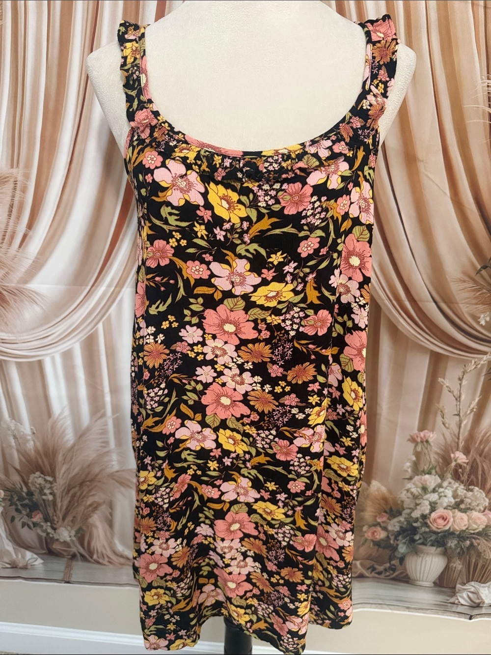 SO Black Floral Mini Dress with Pink and Yellow Blooms